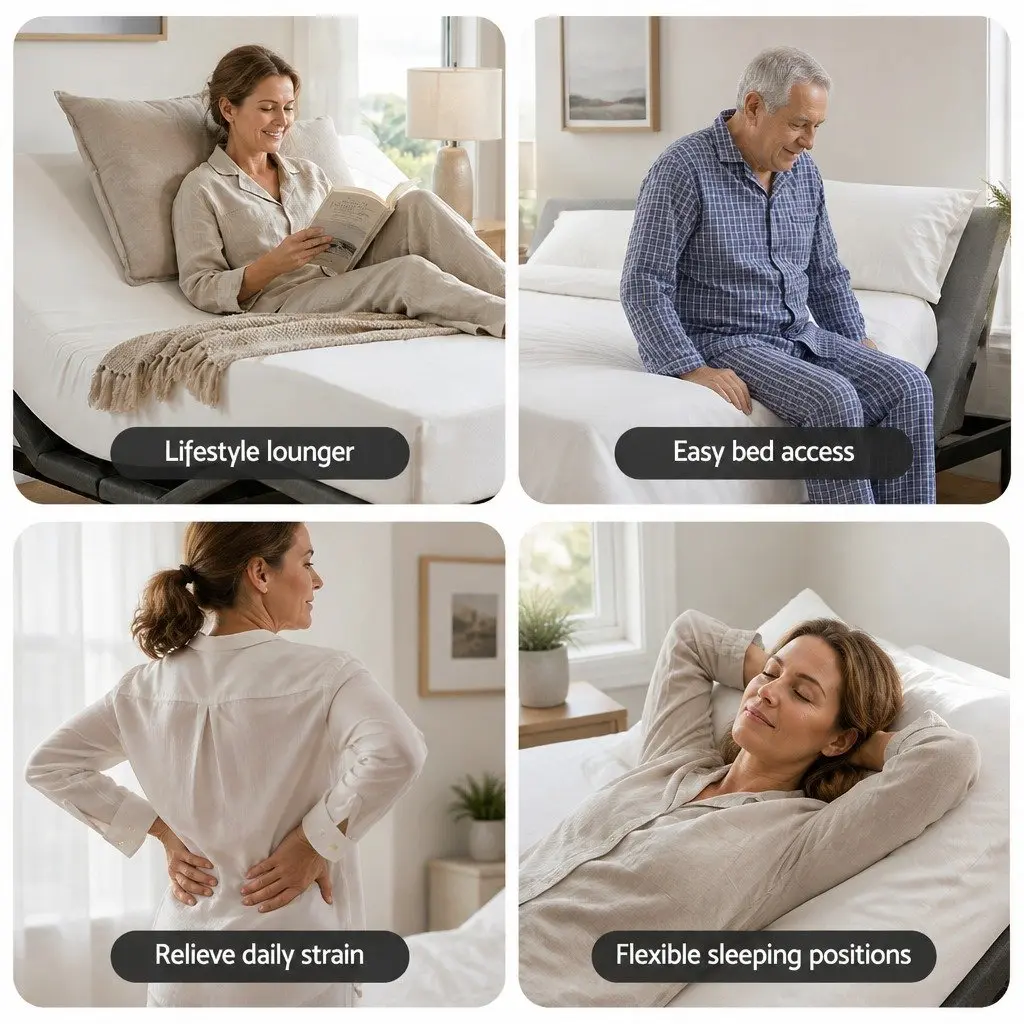 Double Adjustable Bed Frame with Memory Foam Mattress Combo Electric Black Frame White Cover