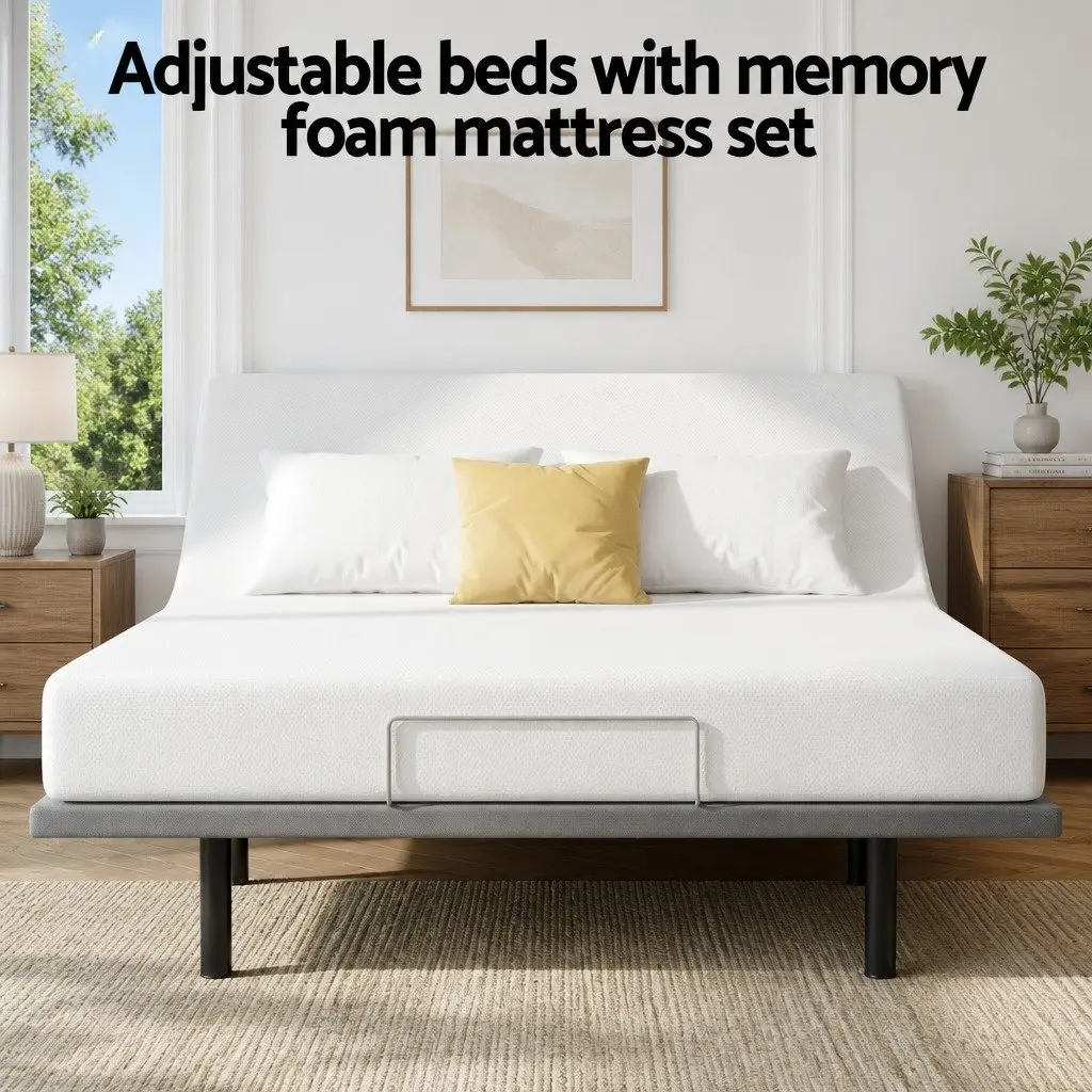 Queen Electric Adjustable Bed Frame with Wireless Remote and Memory Foam Mattress 20cm Thick Medium Firm Support