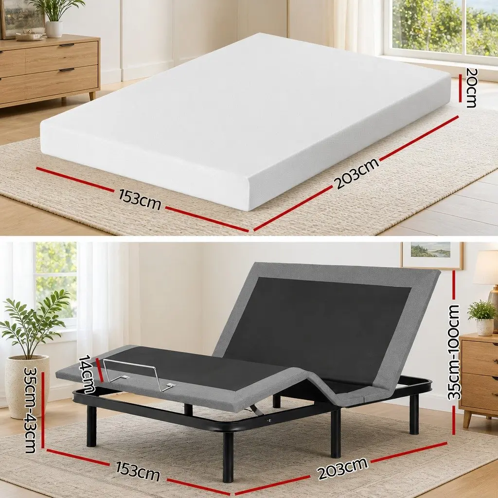 Queen Electric Adjustable Bed Frame with Wireless Remote and Memory Foam Mattress 20cm Thick Medium Firm Support