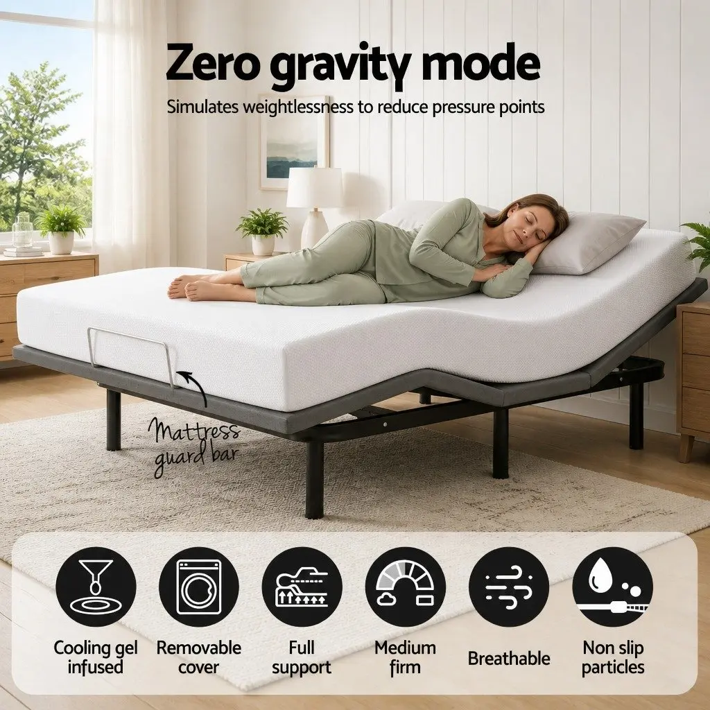 Queen Electric Adjustable Bed Frame with Wireless Remote and Memory Foam Mattress 20cm Thick Medium Firm Support
