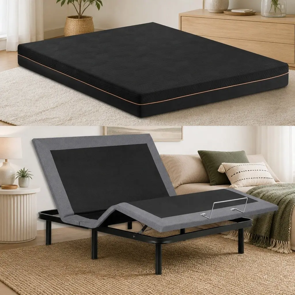 Double Adjustable Bed Frame with Memory Foam Mattress 18cm Thick Medium-Firm Knitted Fabric Black