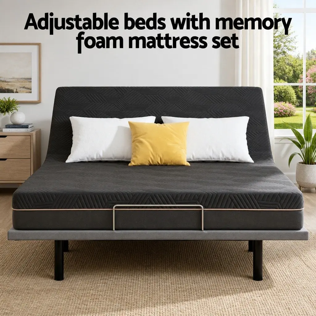 Double Adjustable Bed Frame with Memory Foam Mattress 18cm Thick Medium-Firm Knitted Fabric Black
