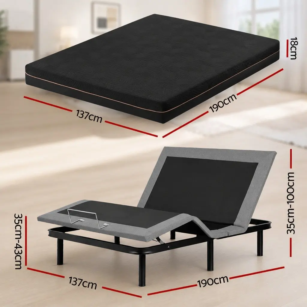 Double Adjustable Bed Frame with Memory Foam Mattress 18cm Thick Medium-Firm Knitted Fabric Black