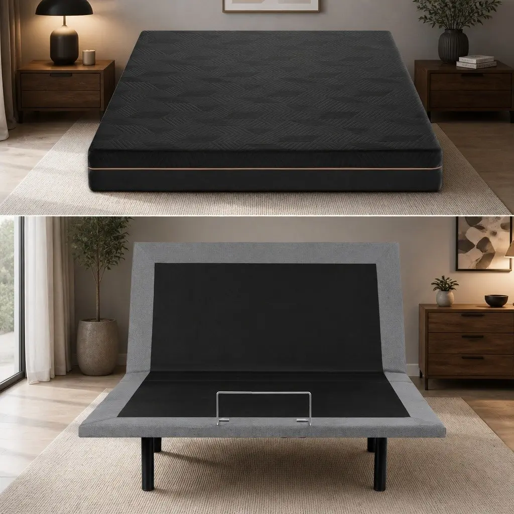Double Adjustable Bed Frame with Memory Foam Mattress 18cm Thick Medium-Firm Knitted Fabric Black