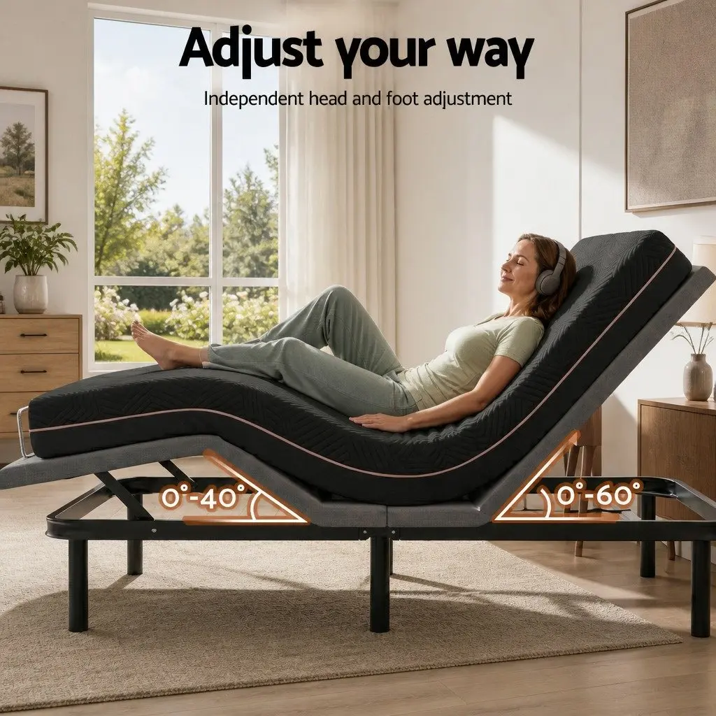 Double Adjustable Bed Frame with Memory Foam Mattress 18cm Thick Medium-Firm Knitted Fabric Black