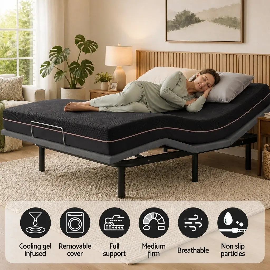 Double Adjustable Bed Frame with Memory Foam Mattress 18cm Thick Medium-Firm Knitted Fabric Black