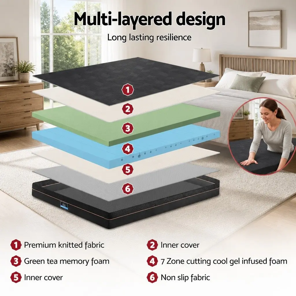 Double Adjustable Bed Frame with Memory Foam Mattress 18cm Thick Medium-Firm Knitted Fabric Black