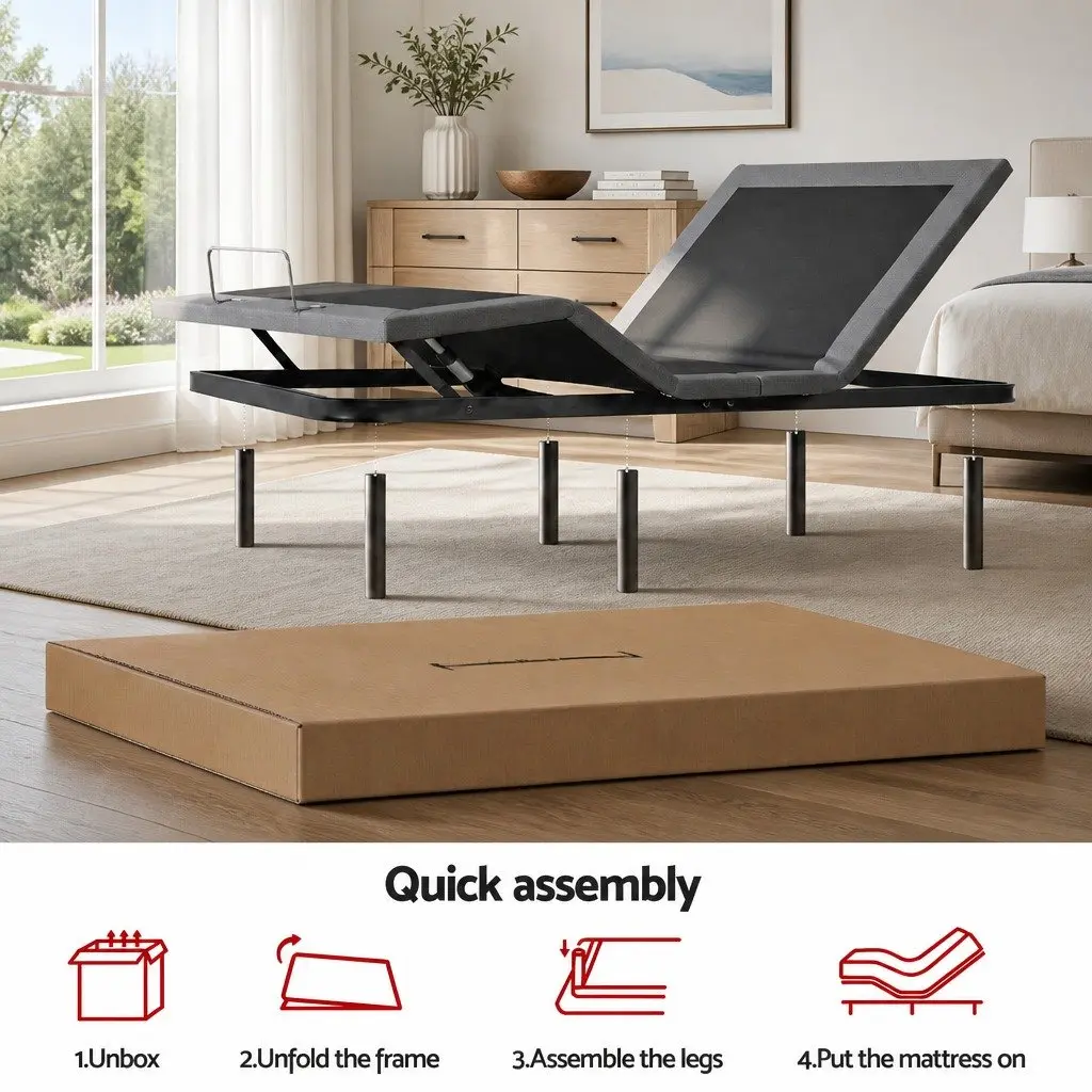 Double Adjustable Bed Frame with Memory Foam Mattress 18cm Thick Medium-Firm Knitted Fabric Black