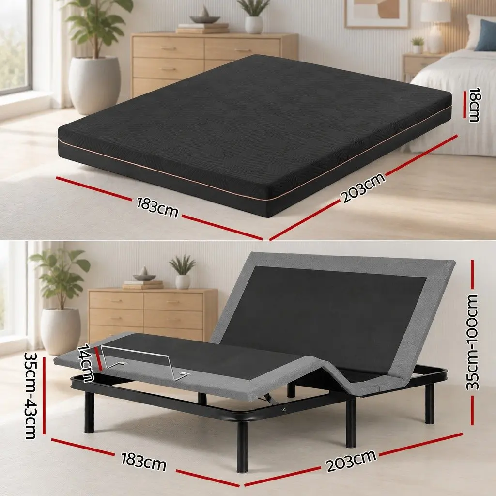 King Size Electric Adjustable Bed Frame with Memory Foam Mattress Black 18cm Thick Multi-layer Foam