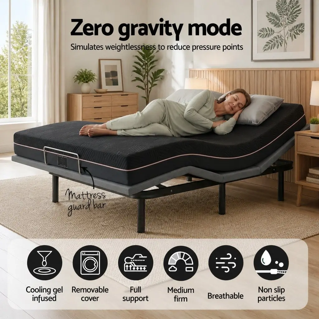 King Size Electric Adjustable Bed Frame with Memory Foam Mattress Black 18cm Thick Multi-layer Foam