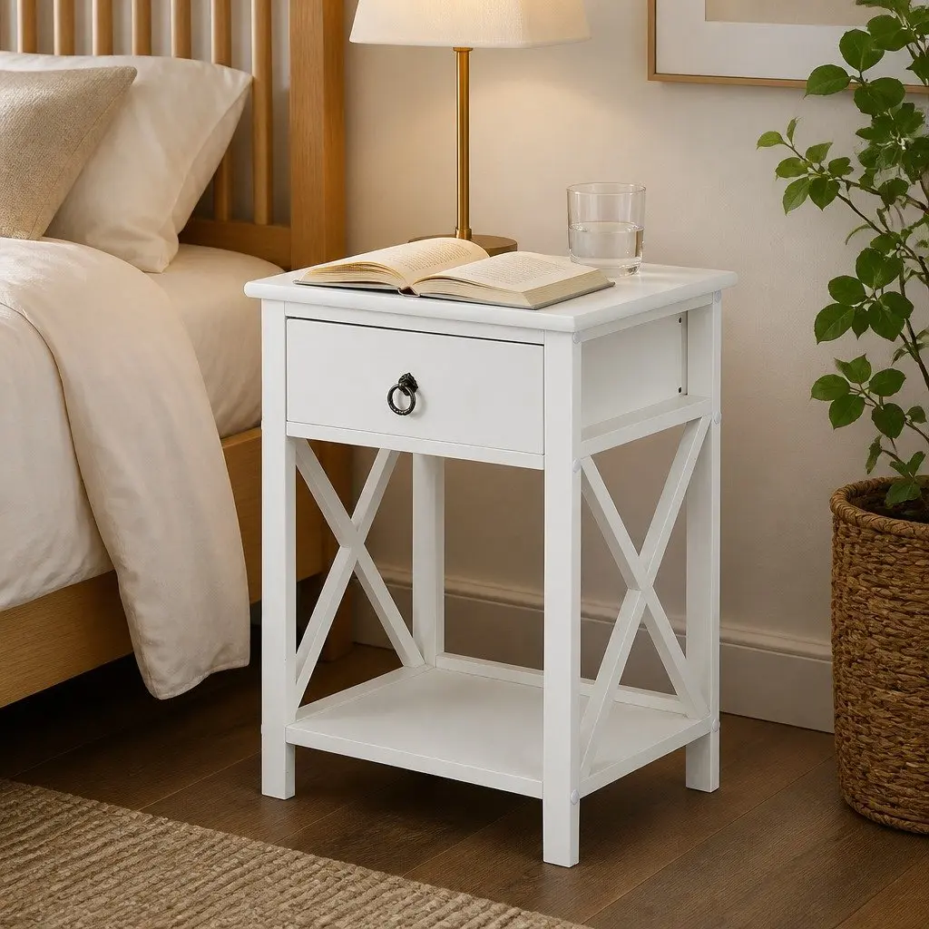 Bedside Table Modern White 40.6cm x 30.5cm x 53cm Paulownia Wood