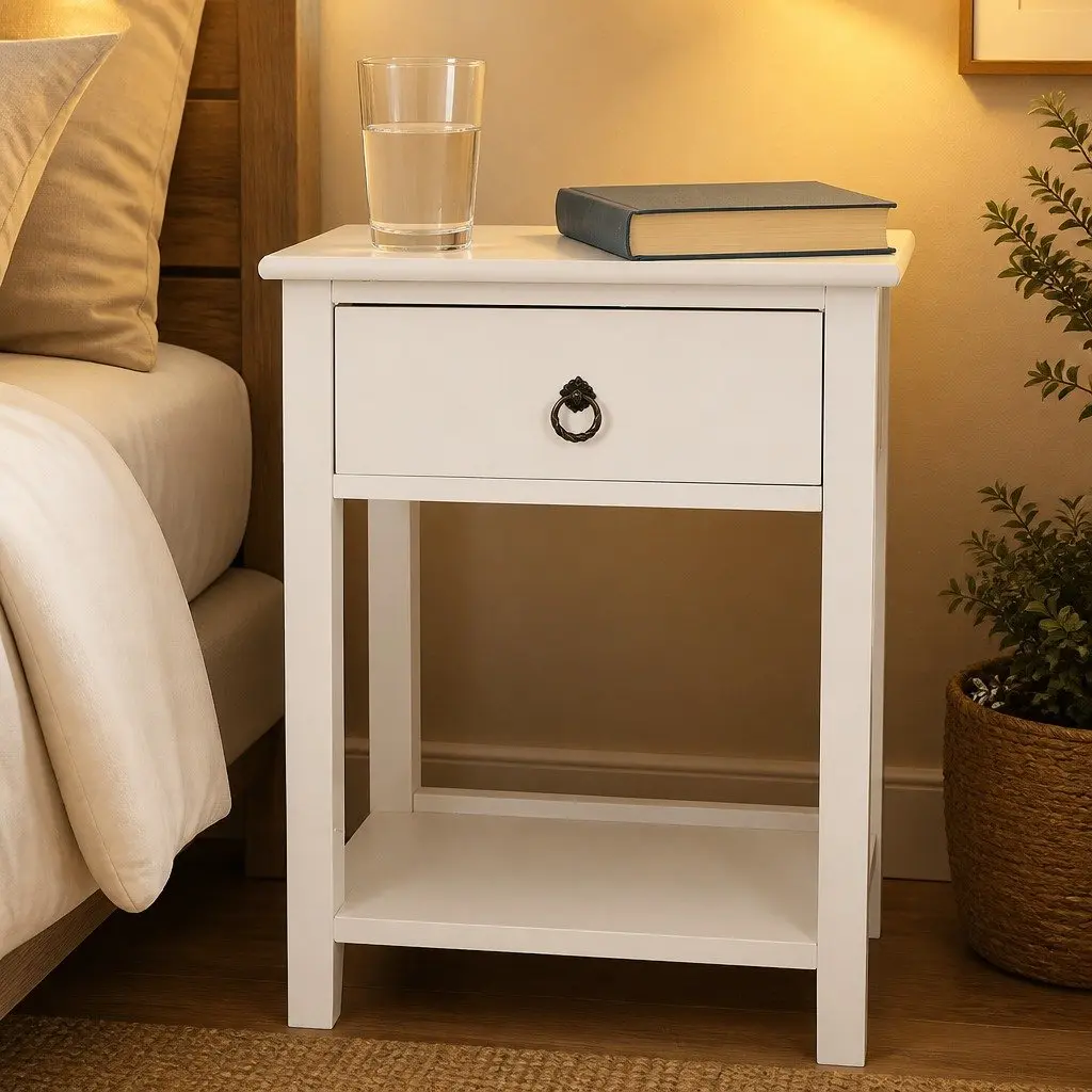 Bedside Table Modern White 40.6cm x 30.5cm x 53cm Paulownia Wood
