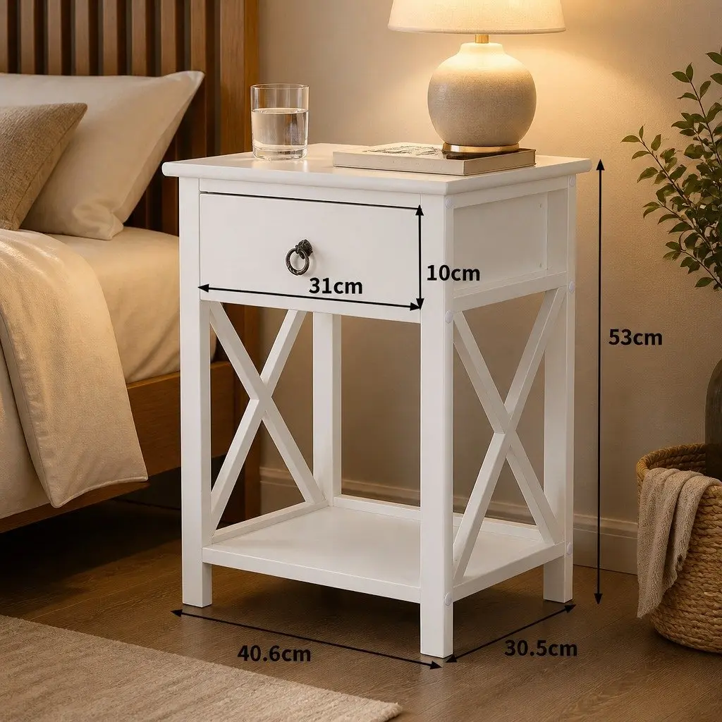 Bedside Table Modern White 40.6cm x 30.5cm x 53cm Paulownia Wood