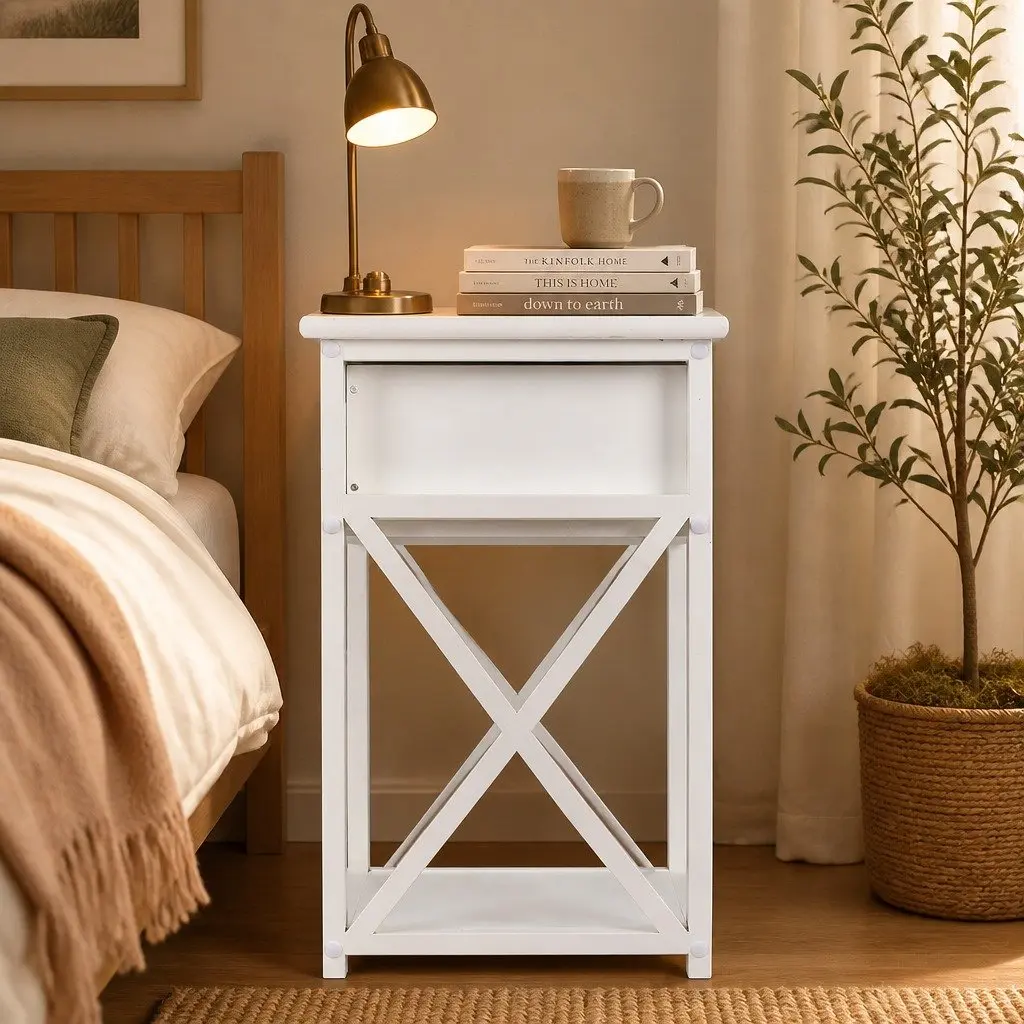 Bedside Table Modern White 40.6cm x 30.5cm x 53cm Paulownia Wood