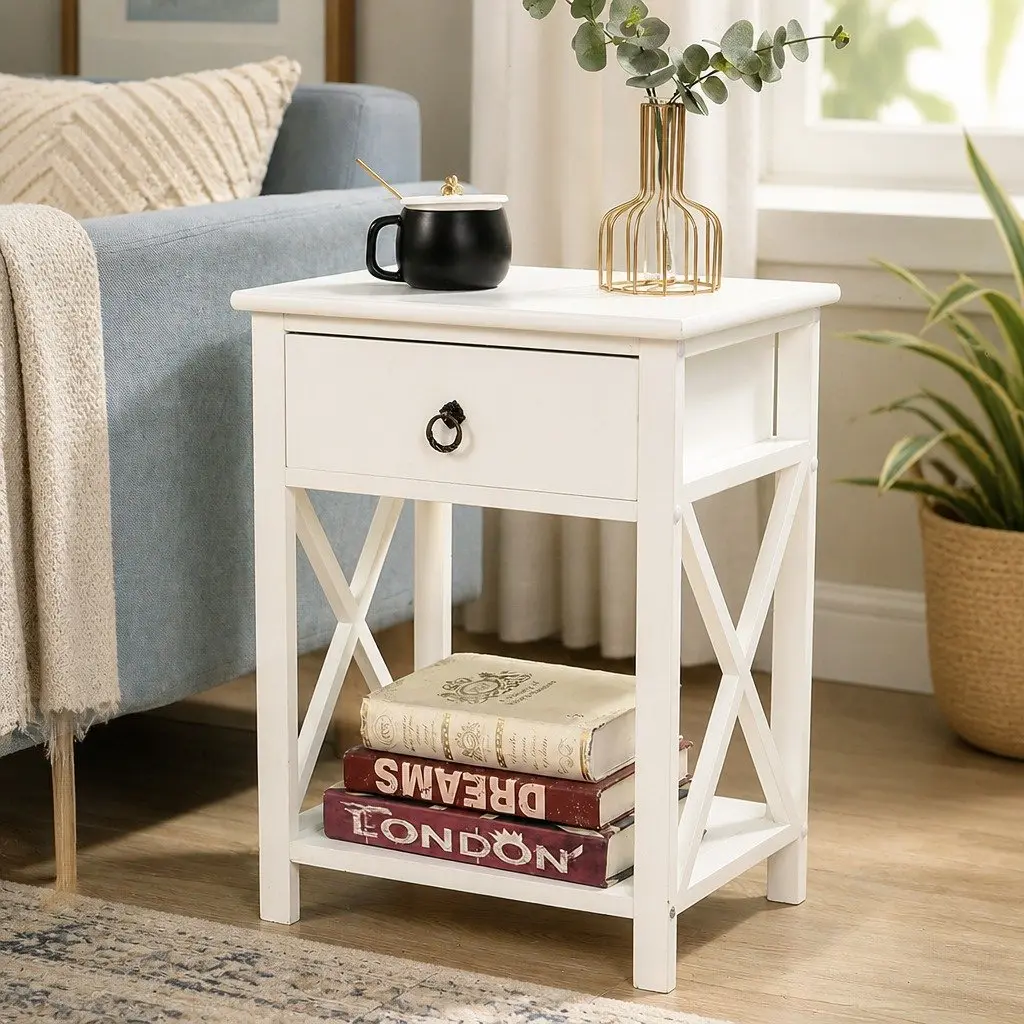Bedside Table Modern White 40.6cm x 30.5cm x 53cm Paulownia Wood