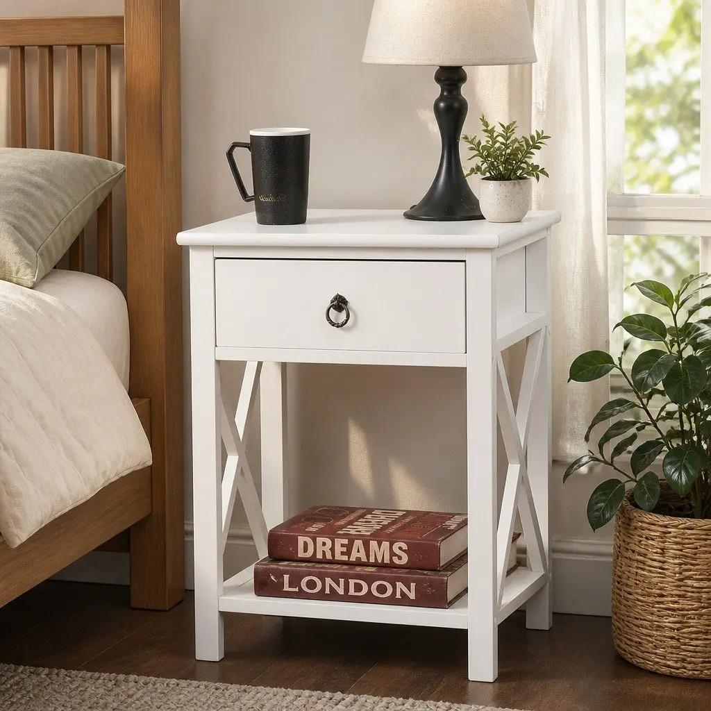Bedside Table Modern White 40.6cm x 30.5cm x 53cm Paulownia Wood