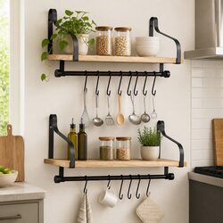 Natural Wood Floating Shelf with Removable Hooks