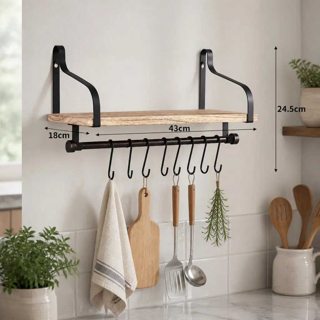 Floating Shelf Brackets Industrial Style 43cm Paulownia Wood