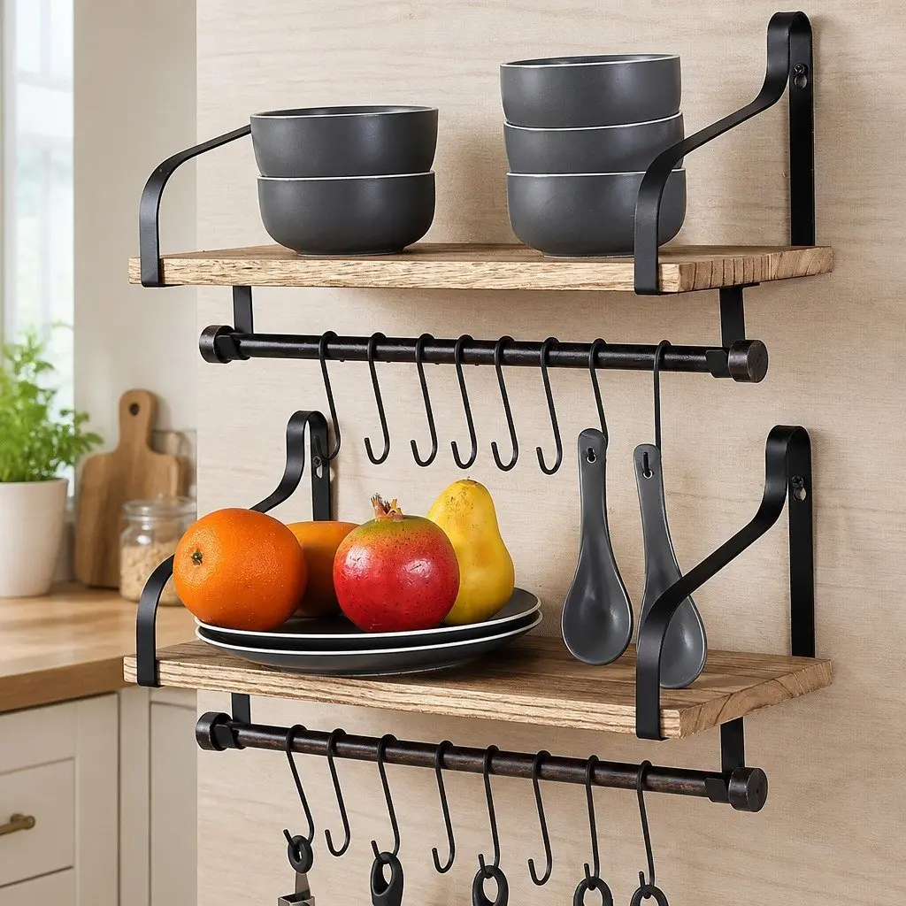 Floating Shelf Brackets Industrial Style 43cm Paulownia Wood