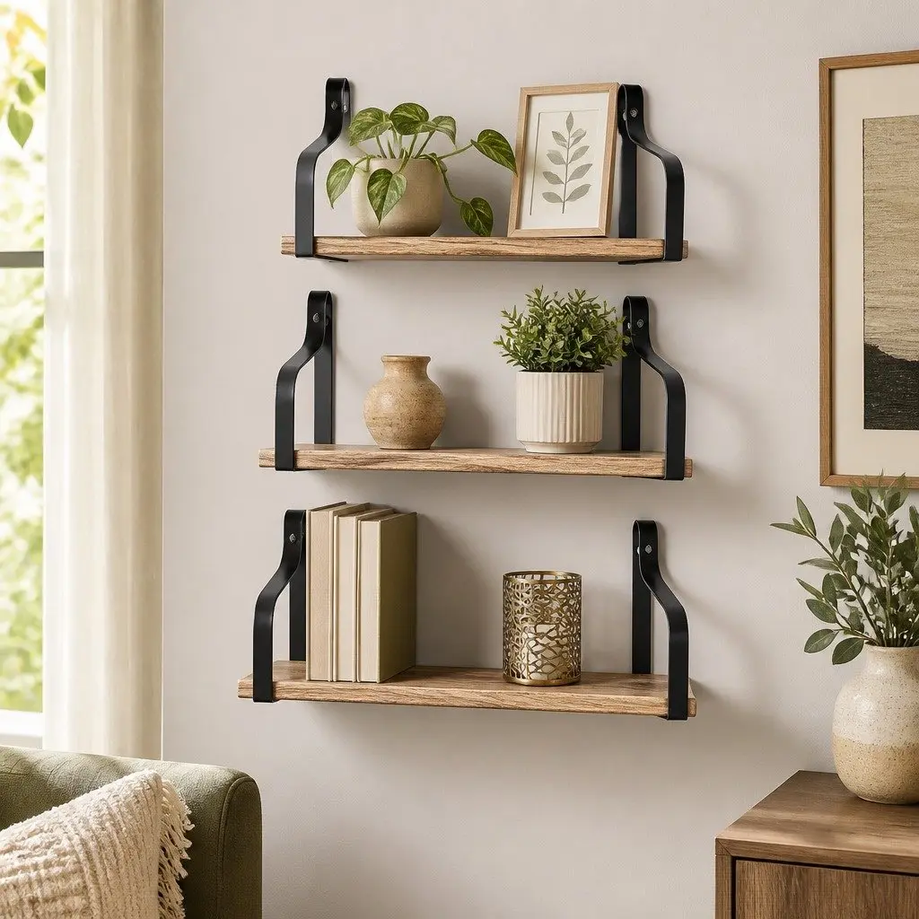Floating Shelf Brackets Industrial Style 3 Piece Paulownia Wood Home Office
