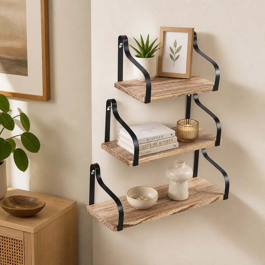 Floating Shelf Brackets Industrial Style 3 Piece Paulownia Wood Home Office