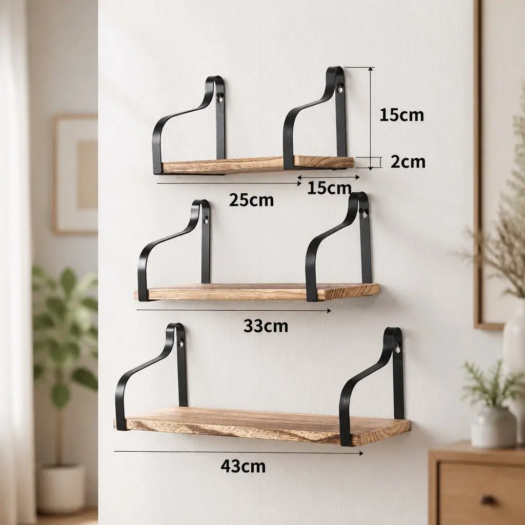Floating Shelf Brackets Industrial Style 3 Piece Paulownia Wood Home Office