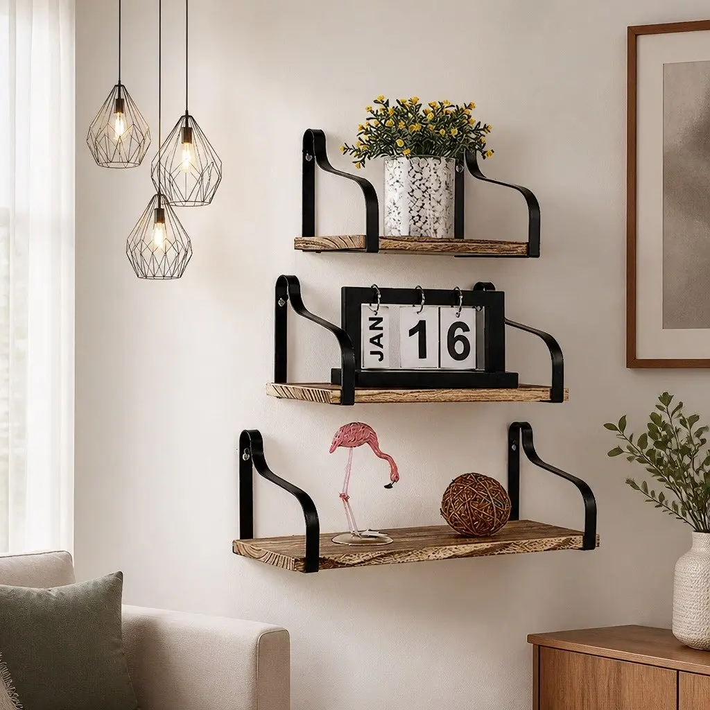 Floating Shelf Brackets Industrial Style 3 Piece Paulownia Wood Home Office