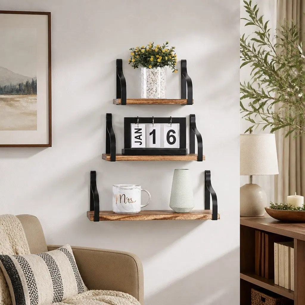 Floating Shelf Brackets Industrial Style 3 Piece Paulownia Wood Home Office