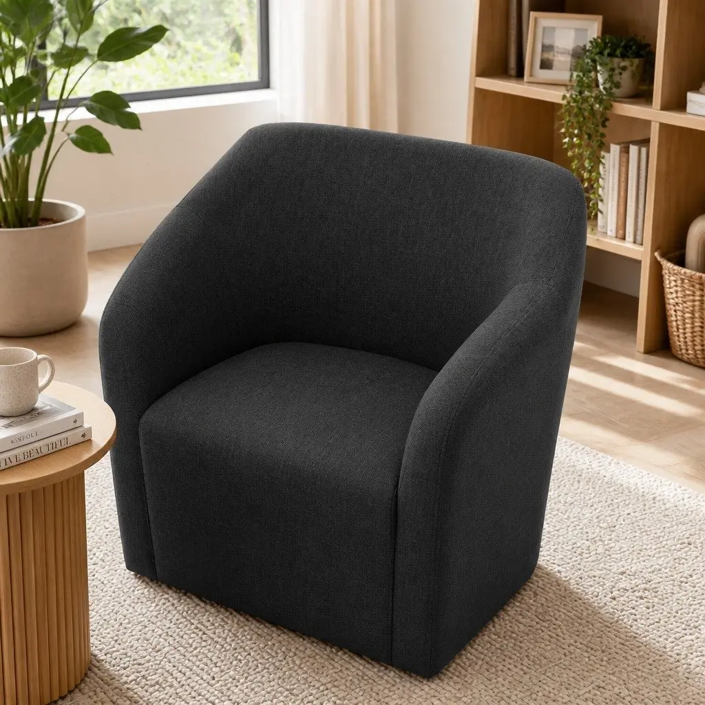 Armchair Charcoal Faux Linen High Resilience Foam Criss-Cross Base 67cm W x 70cm D x 82cm H