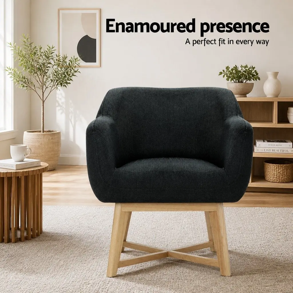 Armchair Charcoal Faux Linen High Resilience Foam Criss-Cross Base 67cm W x 70cm D x 82cm H