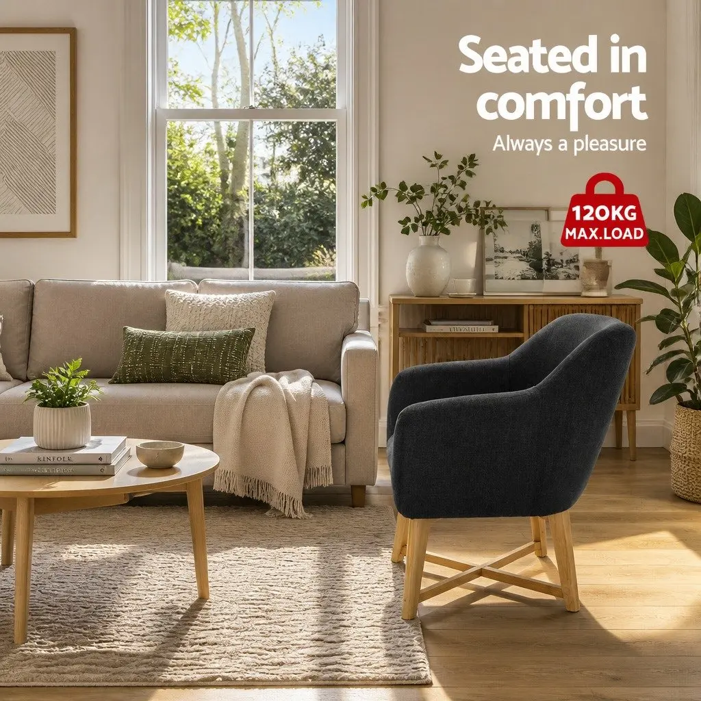 Armchair Charcoal Faux Linen High Resilience Foam Criss-Cross Base 67cm W x 70cm D x 82cm H