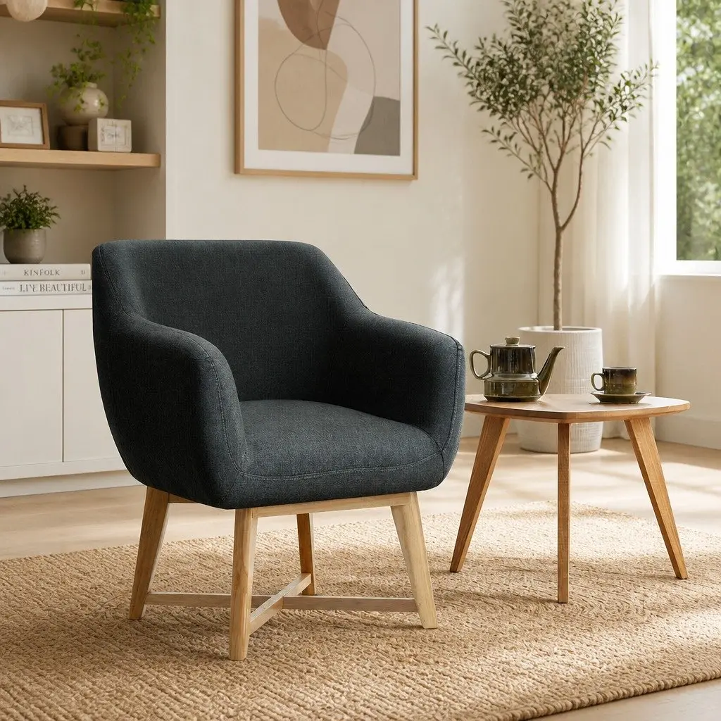 Armchair Charcoal Faux Linen High Resilience Foam Criss-Cross Base 67cm W x 70cm D x 82cm H
