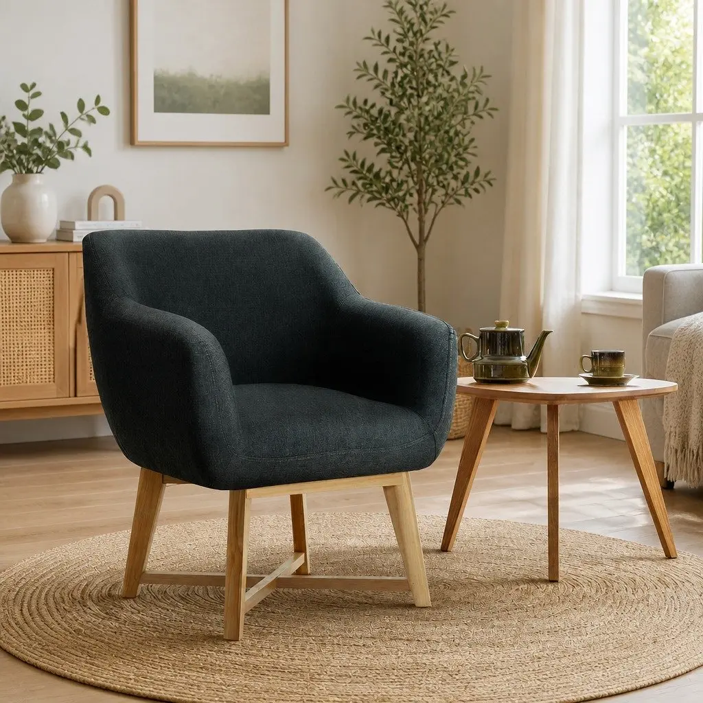 Armchair Charcoal Faux Linen High Resilience Foam Criss-Cross Base 67cm W x 70cm D x 82cm H