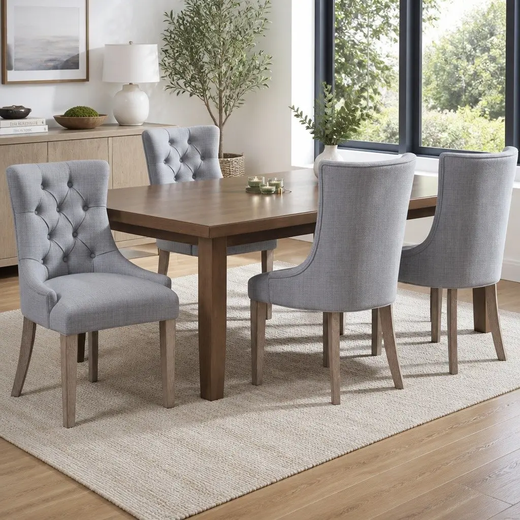 Dining Chairs Set of 4 Grey Linen French Provincial Tufted Button Design