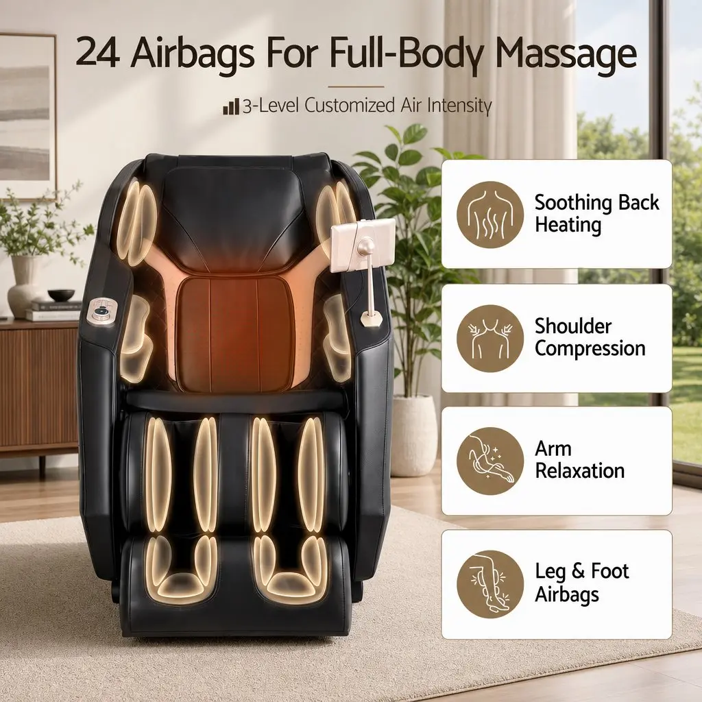 Massage Chair Full Body Zero Gravity Recliner Black PU Leather 24 Airbags