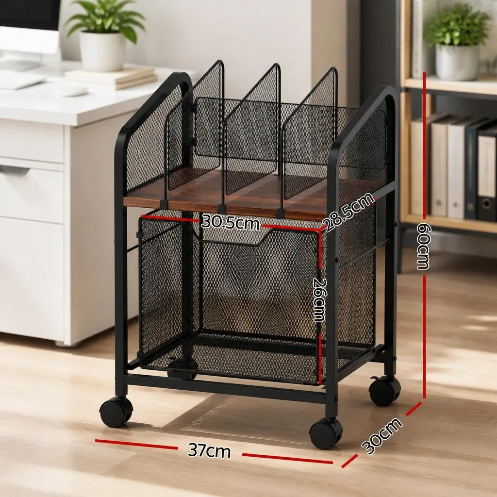 Mobile Filing Cabinet Compact Black Metal Frame Solid Wood Top 37 x 30 x 60cm