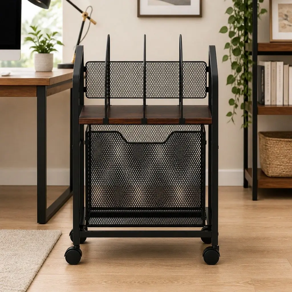 Mobile Filing Cabinet Compact Black Metal Frame Solid Wood Top 37 x 30 x 60cm