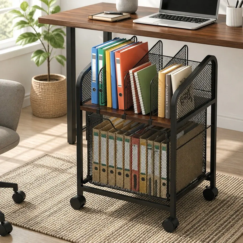 Mobile Filing Cabinet Compact Black Metal Frame Solid Wood Top 37 x 30 x 60cm