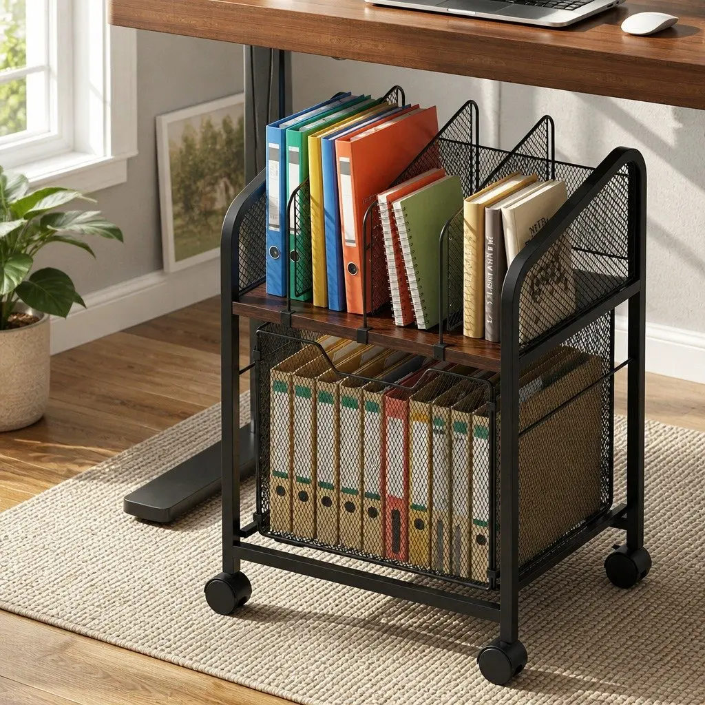 Mobile Filing Cabinet Compact Black Metal Frame Solid Wood Top 37 x 30 x 60cm