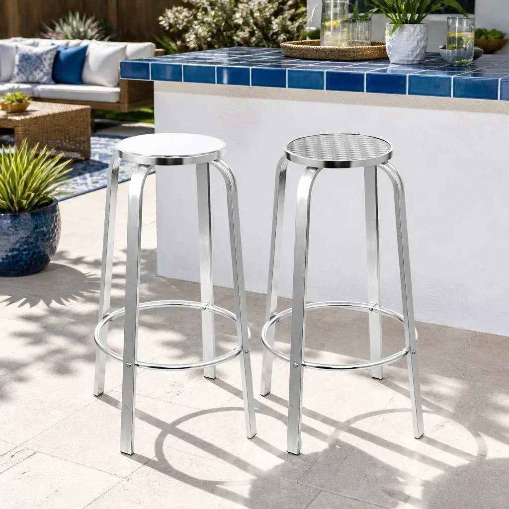 Aluminum Outdoor Bar Stools Set of 2 Silver Patio Furniture 82cm Height