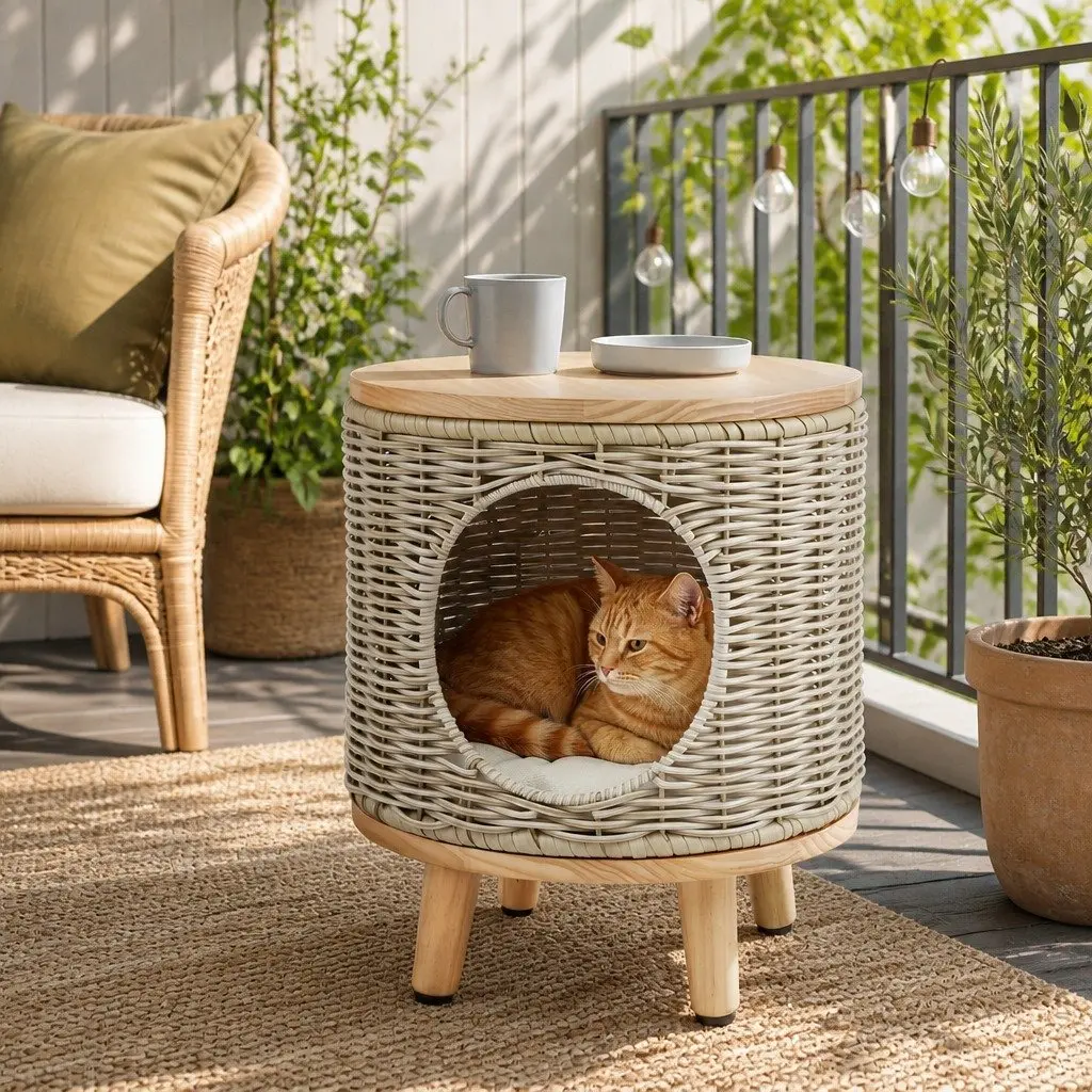 Wicker Side Table with Steel Frame 35 x 35 x 41.5cm Rattan and Wood for Indoor Outdoor Use