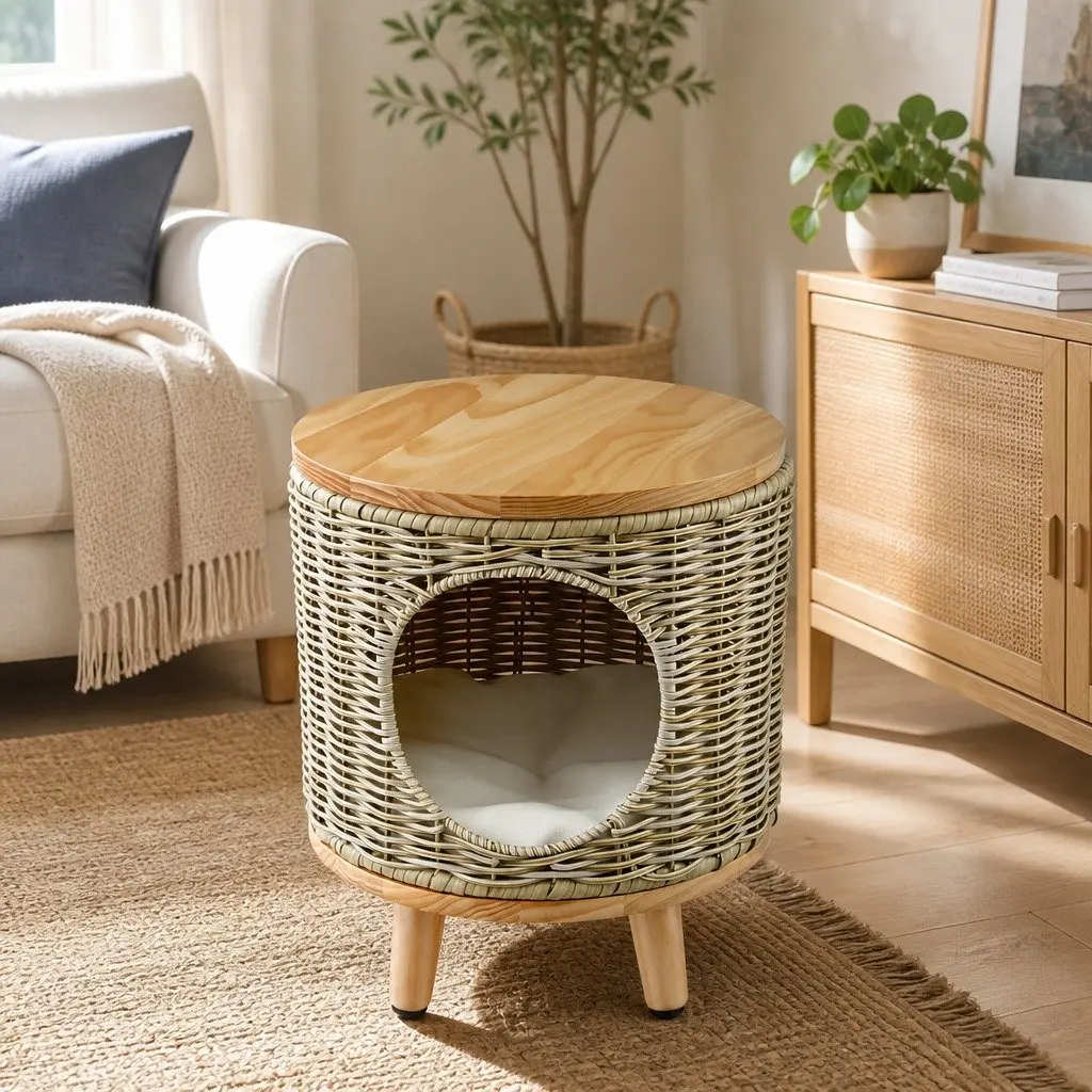 Wicker Side Table with Steel Frame 35 x 35 x 41.5cm Rattan and Wood for Indoor Outdoor Use