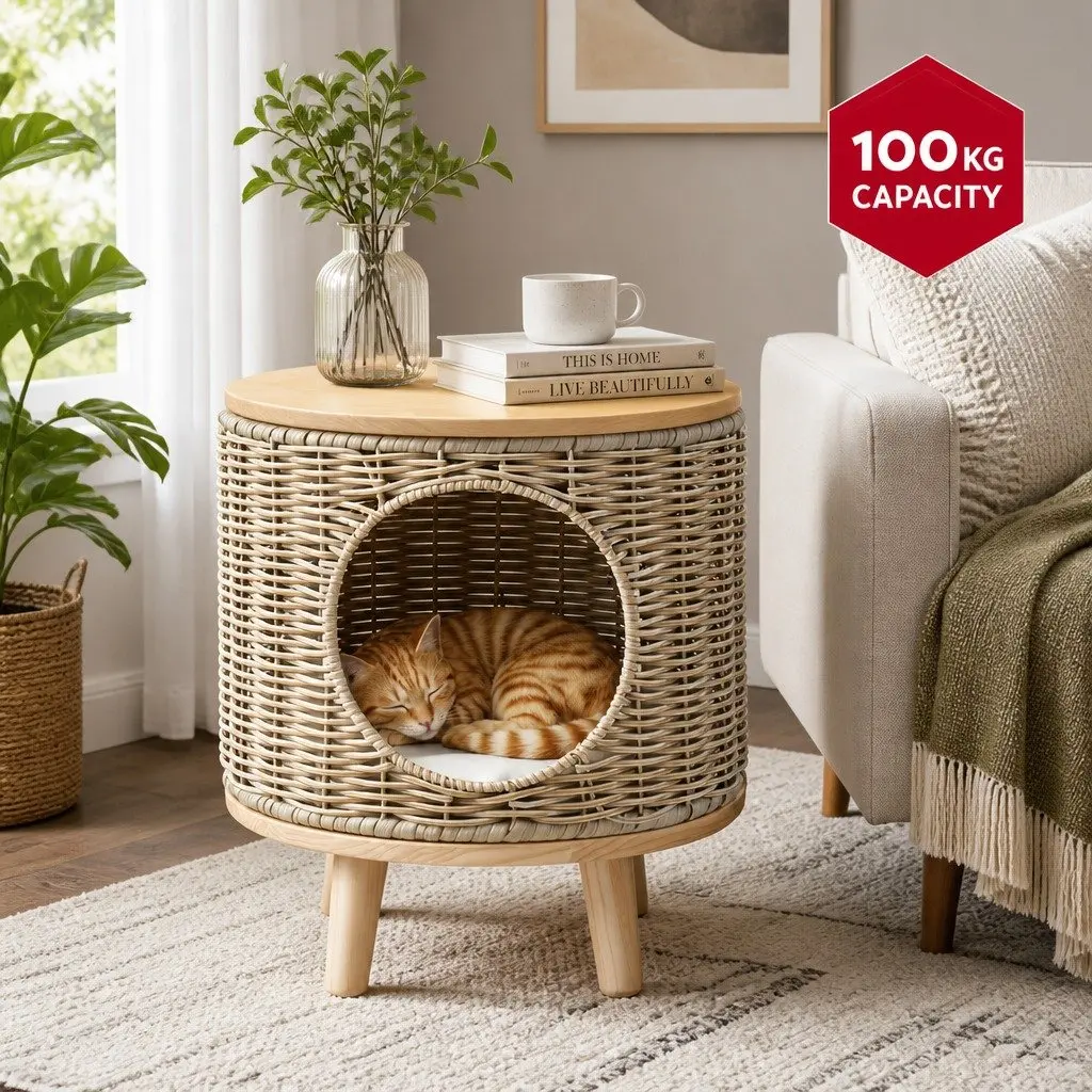 Wicker Side Table with Steel Frame 35 x 35 x 41.5cm Rattan and Wood for Indoor Outdoor Use