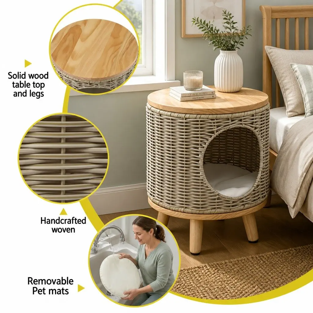 Wicker Side Table with Steel Frame 35 x 35 x 41.5cm Rattan and Wood for Indoor Outdoor Use