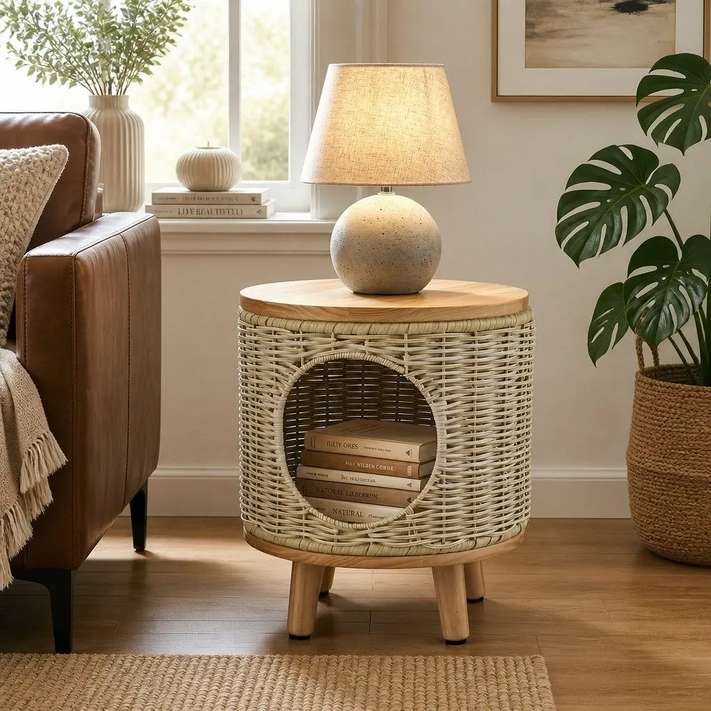 Wicker Side Table with Steel Frame 35 x 35 x 41.5cm Rattan and Wood for Indoor Outdoor Use