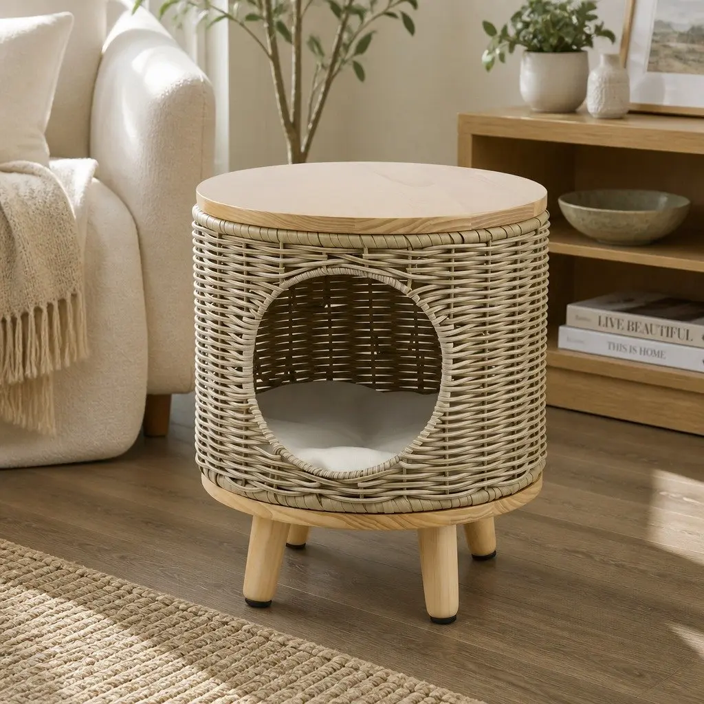 Wicker Side Table with Steel Frame 35 x 35 x 41.5cm Rattan and Wood for Indoor Outdoor Use