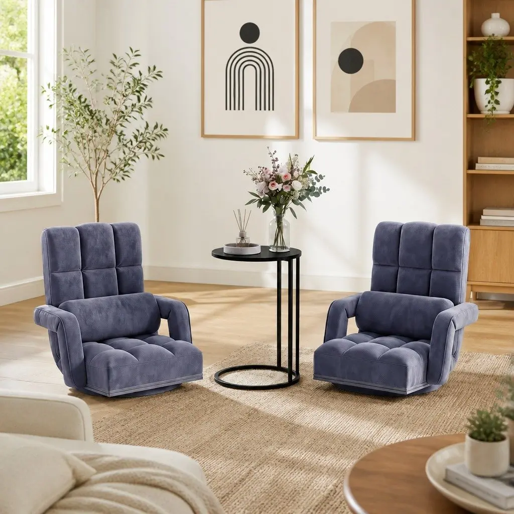 Floor Lounge Chair Adjustable Swivel 360 Degree Charcoal Linen and Flocking Fabric with C-Shape Side Table Black Particle Board and Metal Frame Set