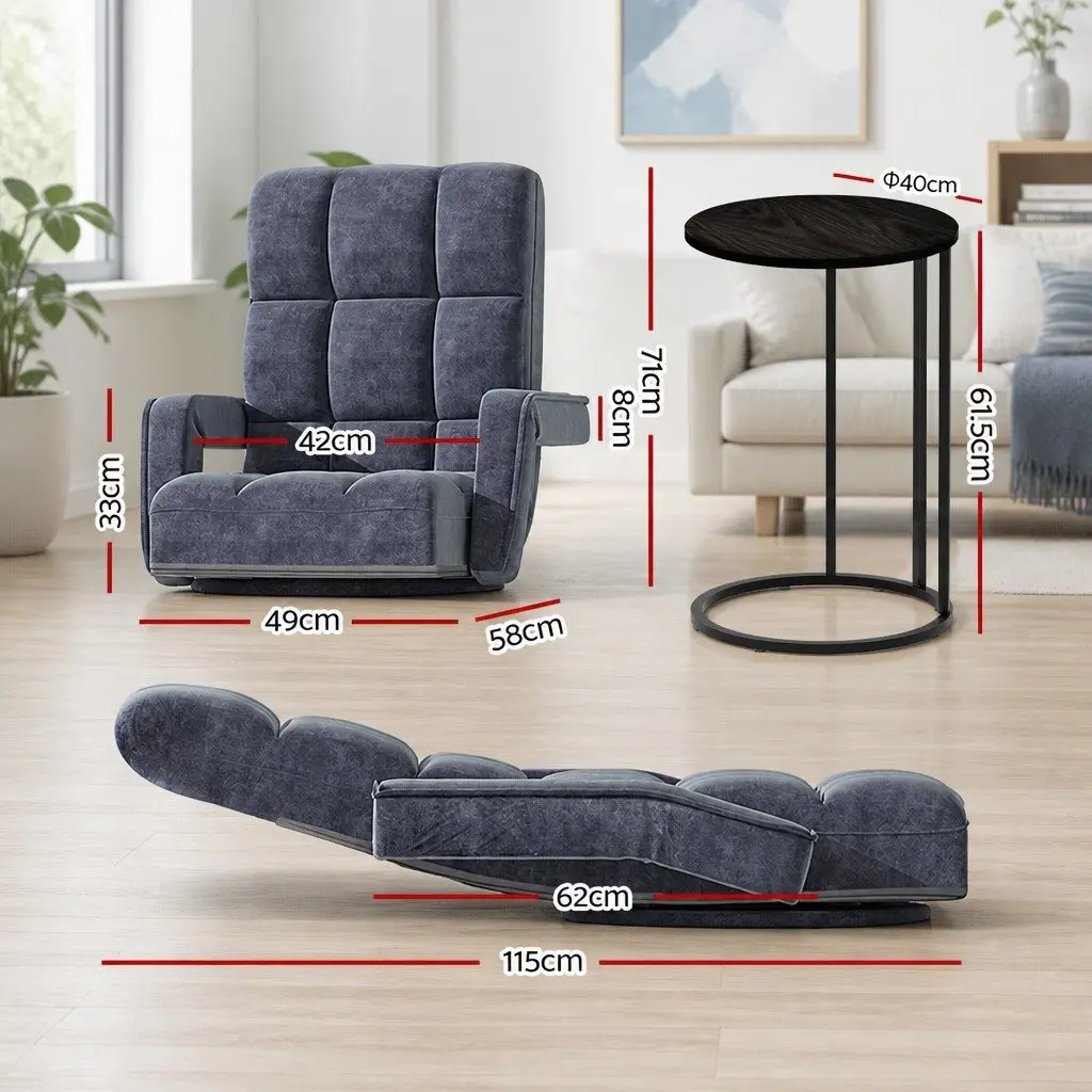 Floor Lounge Chair Adjustable Swivel 360 Degree Charcoal Linen and Flocking Fabric with C-Shape Side Table Black Particle Board and Metal Frame Set