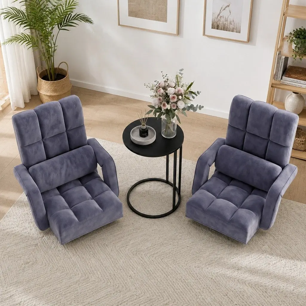 Floor Lounge Chair Adjustable Swivel 360 Degree Charcoal Linen and Flocking Fabric with C-Shape Side Table Black Particle Board and Metal Frame Set