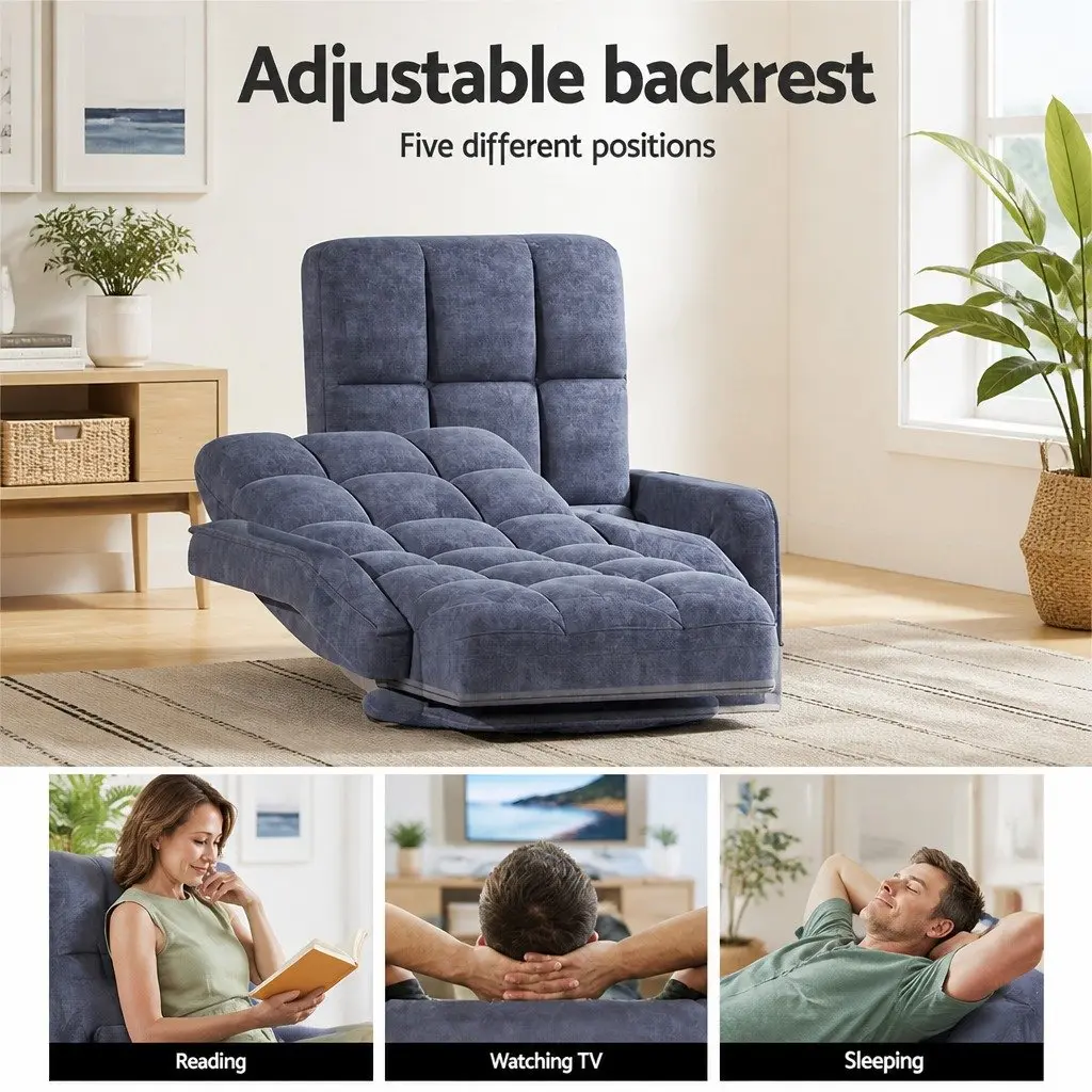 Floor Lounge Chair Adjustable Swivel 360 Degree Charcoal Linen and Flocking Fabric with C-Shape Side Table Black Particle Board and Metal Frame Set
